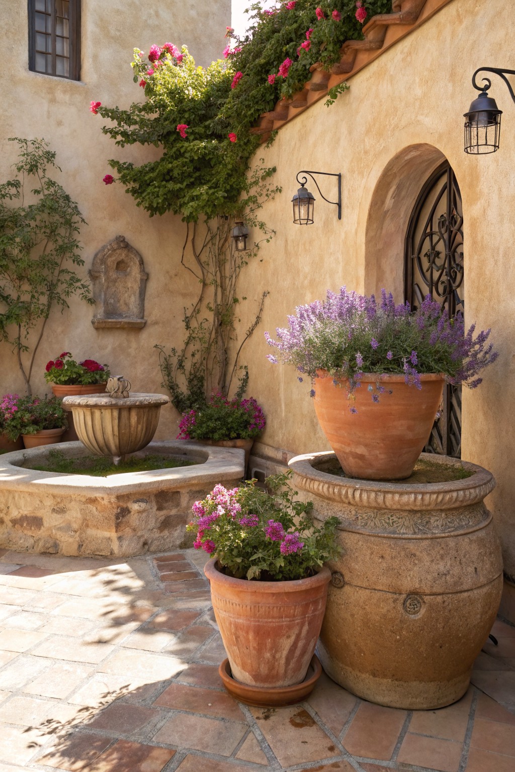 Sunlit courtyard patio with beige stucco walls, climbing pink roses, arched iron gate, wall lanterns, central stone fountain, and clustered terracotta pots filled with purple lavender, pink flowers, and greenery on terracotta tiled floor.