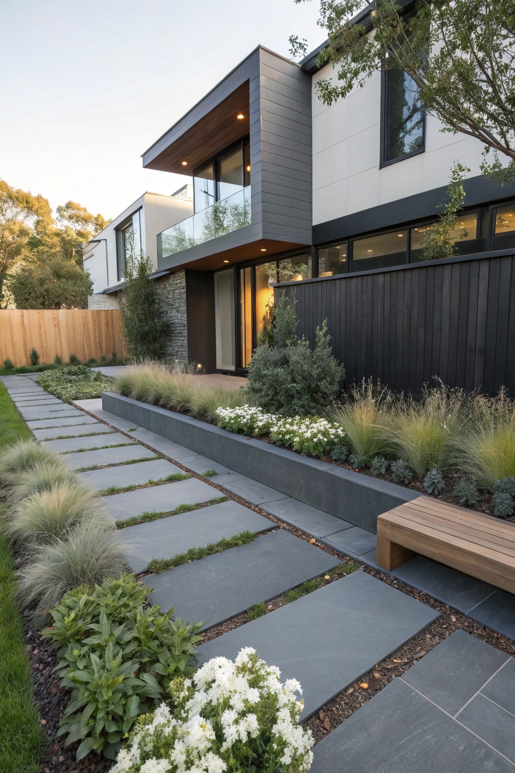 Gray stone pavers form a pathway leading to a modern house entrance, bordered by a raised black stone planter filled with ornamental grasses, white flowers, and green shrubs.
