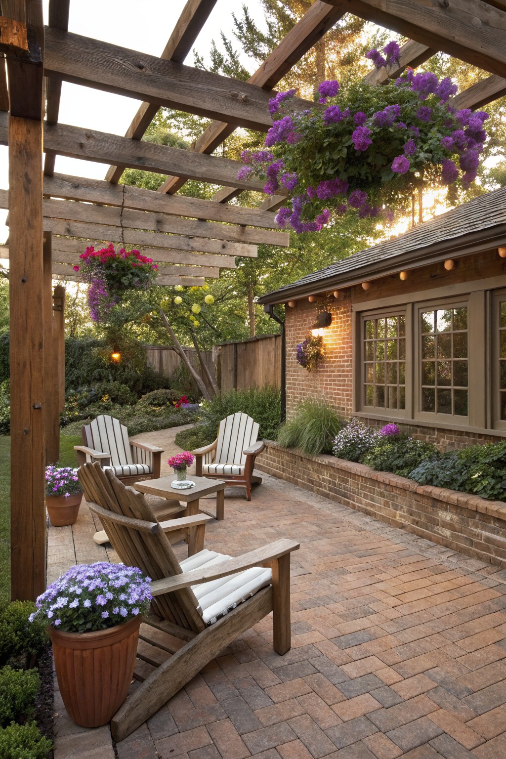 Wooden pergola over brick-paver patio featuring white Adirondack chairs around a low table, multiple hanging purple flower baskets, potted plants, and landscaped beds beside a brick house wall with windows.