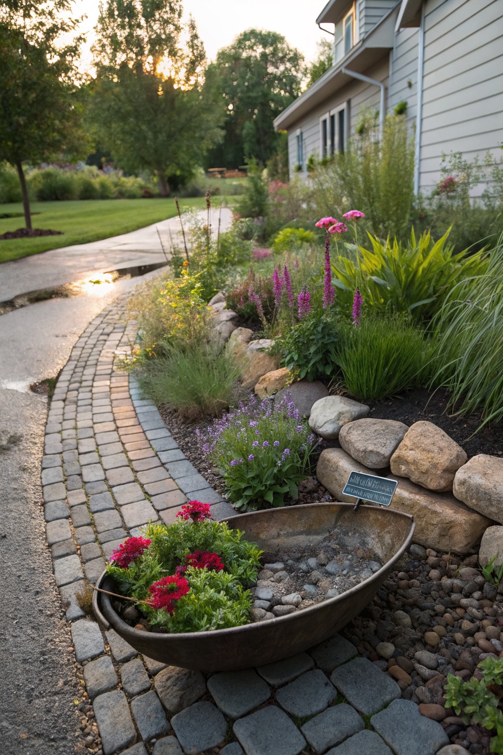 Curved brick pathway bordered by flower beds with perennials, ornamental grasses, rocks, and gravel leading to a gray house, with a rusted metal tub planter filled with red flowers and pebbles placed beside the path.