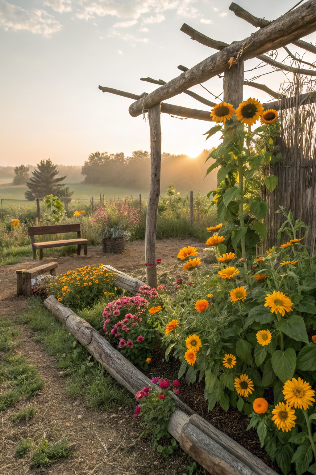 Rustic wooden arbor with sunflowers climbing it, surrounded by log-bordered raised flower beds filled with orange, yellow, and pink blooms, wooden benches, a dirt path, and distant fields at sunrise.