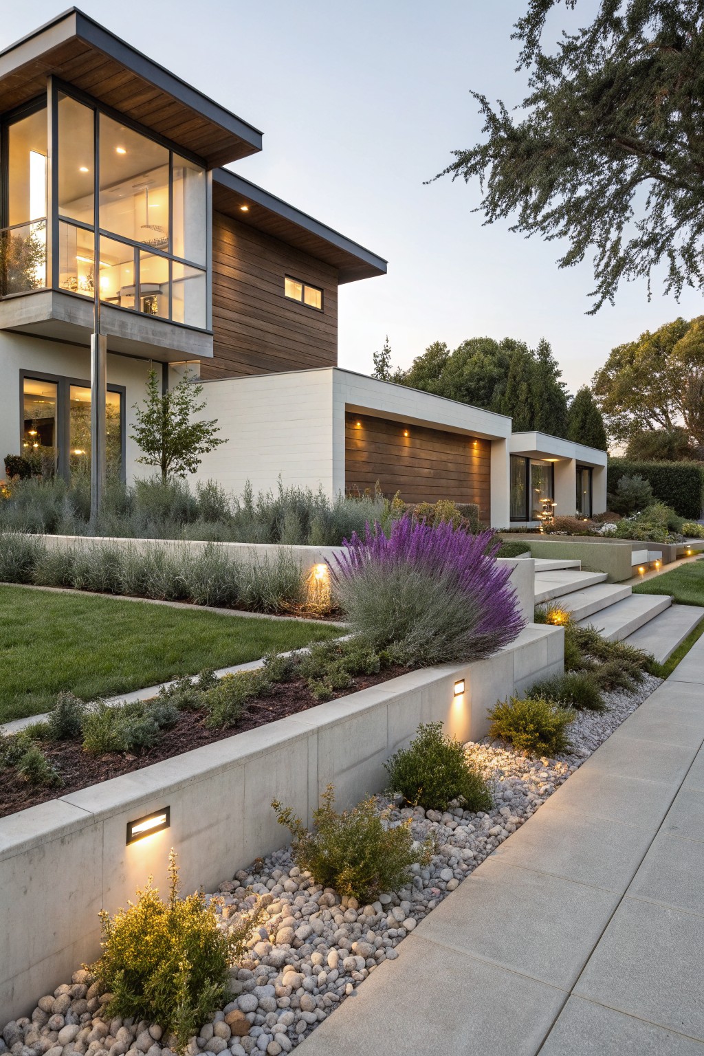 Modern house exterior with terraced white concrete retaining walls holding grasses, lavender, shrubs, and succulents beside a gravel-edged concrete path and steps.