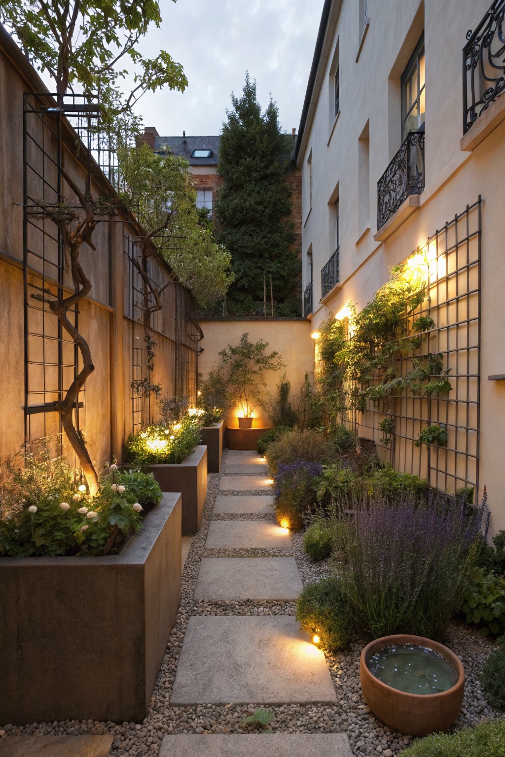 Narrow courtyard garden alley with central gray stone paver path flanked by rectangular brown metal planters containing white flowers and greenery, climbing vines on black metal trellises against beige walls, ground lights illuminating the scene at dusk, and a terracotta water bowl at the end.