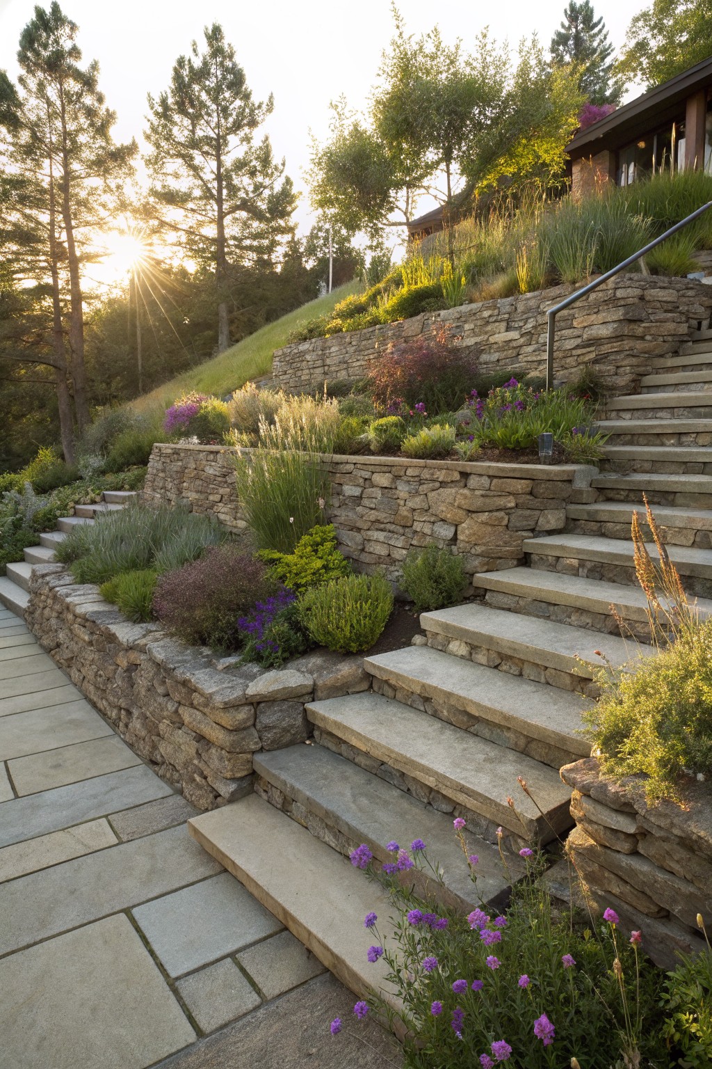 Stone retaining walls terraced up a hillside with integrated concrete steps, planted densely with lavender, grasses, shrubs, and flowers beside a paved path, trees and house in background at sunset.