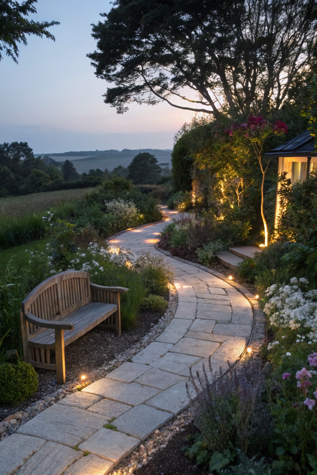 Winding flagstone path lit by low ground lights curving through bordered flower beds and grasses in a garden at dusk, with a wooden bench beside the path and a small outbuilding nearby.