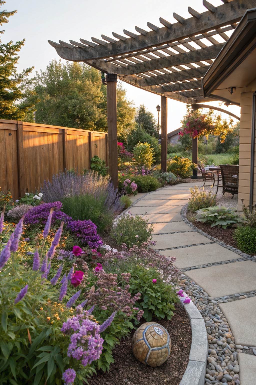 A curving path of rectangular concrete pavers winds through garden beds overflowing with purple lavender, pink flowers, and green shrubs, edged with small pebbles, under a wooden pergola beside a house and fence.