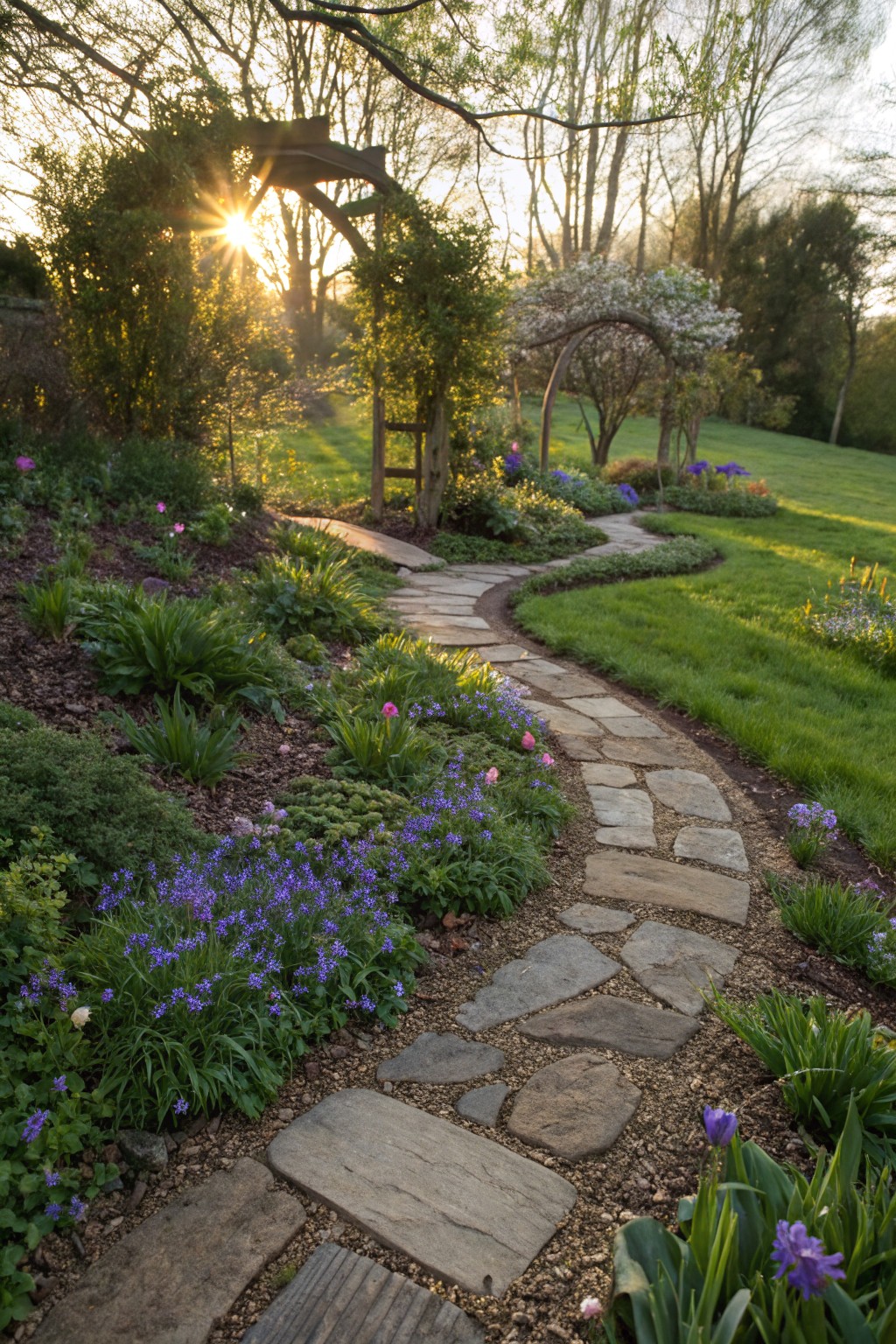 A curving flagstone path winds through layered garden beds with purple bluebells, pink flowers, irises, and green plants, edged by lawn, leading past a wooden archway toward trees in morning sunlight.