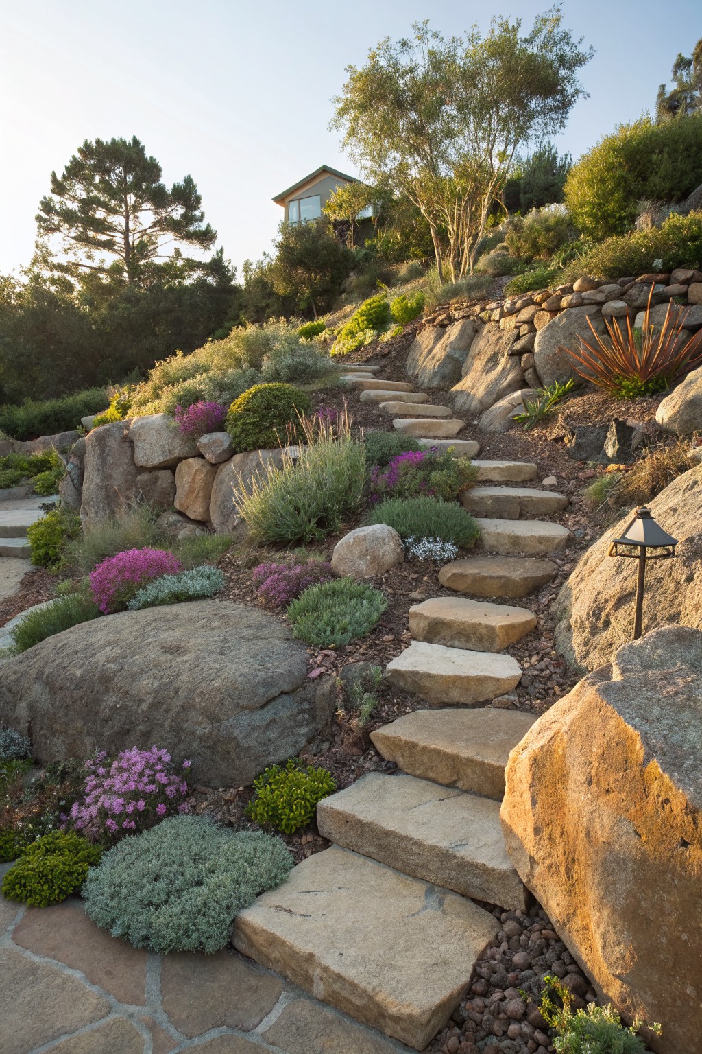 Winding natural stone steps ascend a rocky hillside planted with succulents, pink flowers, grasses, and shrubs, integrated with large boulders and edged by a low stone wall, leading toward a small house under trees at sunset.