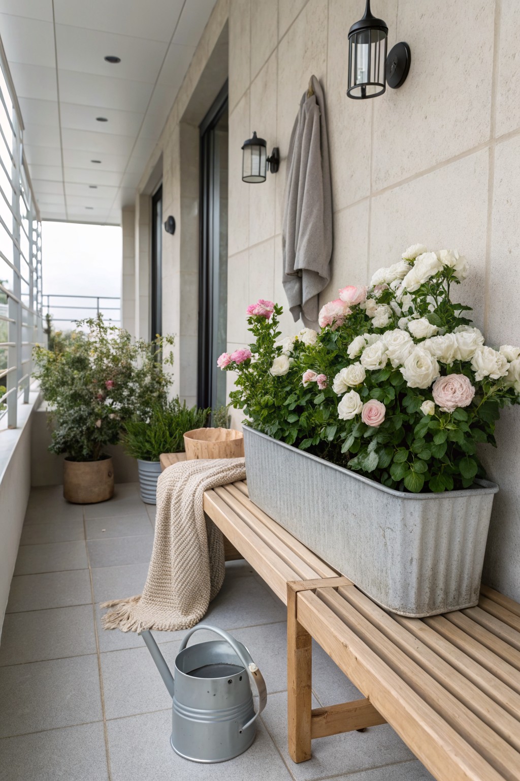 Balcony with gray tile floor featuring a wooden slatted bench draped with a beige blanket, a large galvanized metal trough planter overflowing with pink and white miniature roses, additional potted plants, a metal watering can, and wall-mounted lanterns against beige tiled walls.