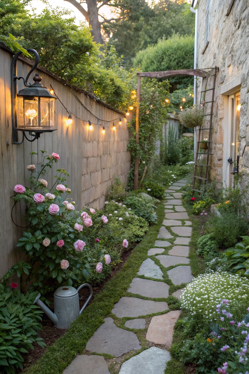 Narrow winding path of irregular gray stone slabs lined with pink climbing roses on a wooden fence, various green plants and flowers along a stone wall, string lights overhead, and a metal lantern on the fence.