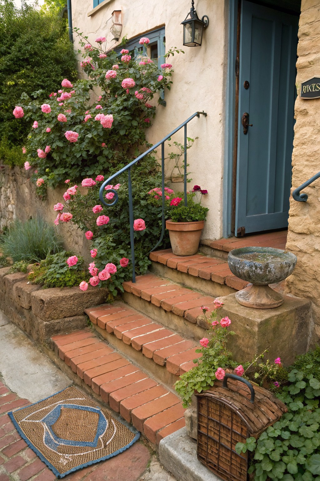 Quaint cottage entrance with turquoise blue door, brick steps leading up, abundant pink climbing roses along black metal railing and in surrounding beds, potted red geraniums, stone urn, lanterns, and wicker basket.