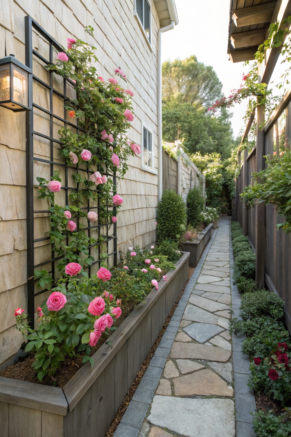 Narrow flagstone pathway running alongside a shingled house wall covered in pink climbing roses trained on a tall black metal trellis, flanked by wooden planters, shrubs, and a wooden fence.