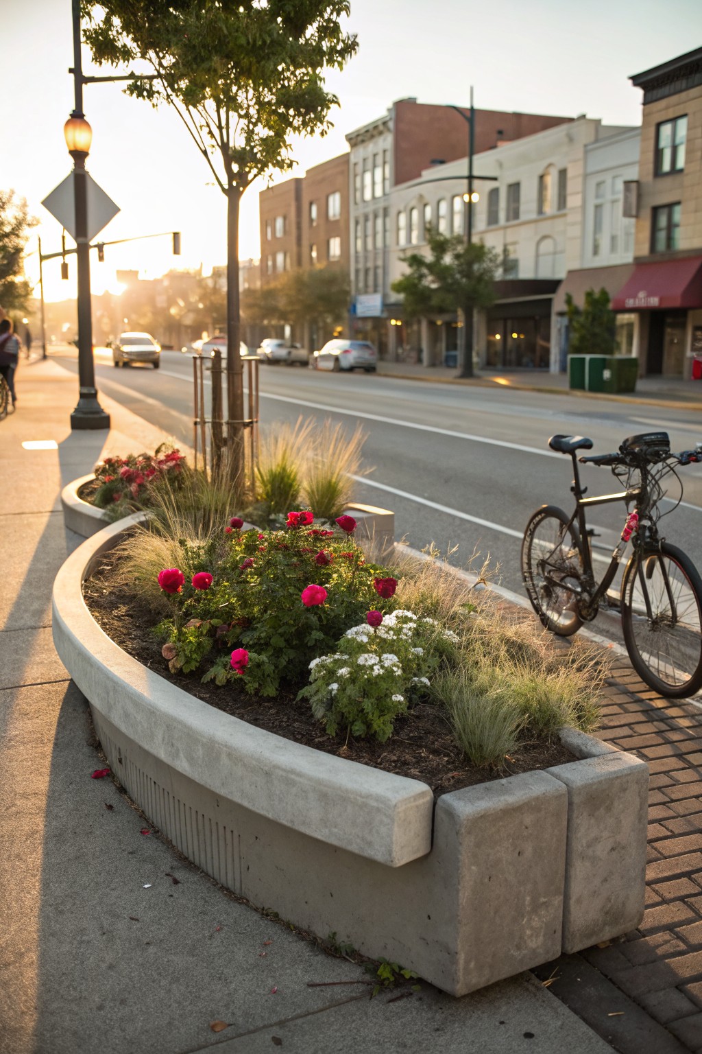 Curved concrete planter along a city sidewalk filled with red and pink miniature roses, white flowers, ornamental grasses, and a parked black bicycle beside it, with streetlights, trees, and brick buildings at dusk.