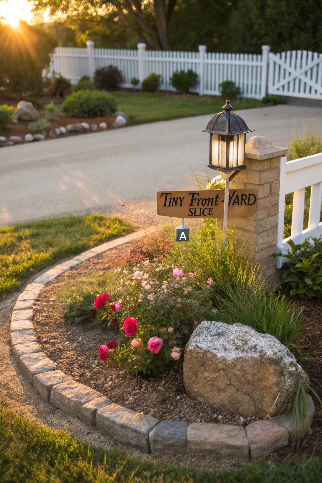 Small curved garden bed edged in stone blocks along a driveway, planted with pink miniature roses, ornamental grasses, and large rocks, with a wooden sign labeled 
