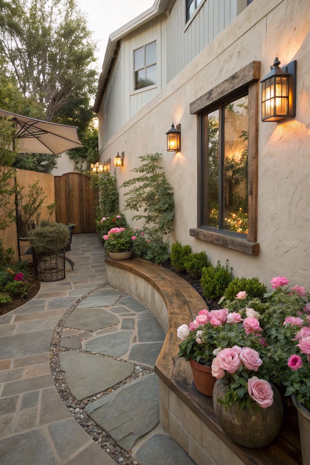 Curved irregular stone pathway winding through a narrow garden space beside a beige stucco house wall, edged with pink miniature roses in beds and pots, boxwood shrubs, and a wooden bench, with wall lanterns providing light.