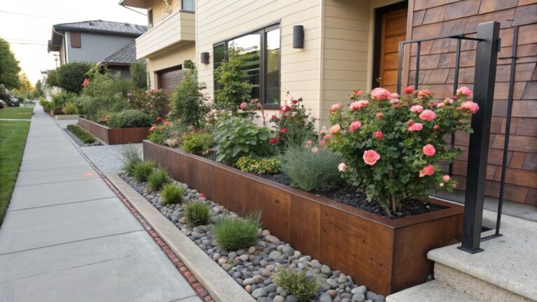 A narrow concrete paver path runs alongside a raised corten steel planter box filled with grasses, pebbles, and small shrubs, with rose bushes in red, pink, and peach climbing a stucco house wall toward a black front door.
