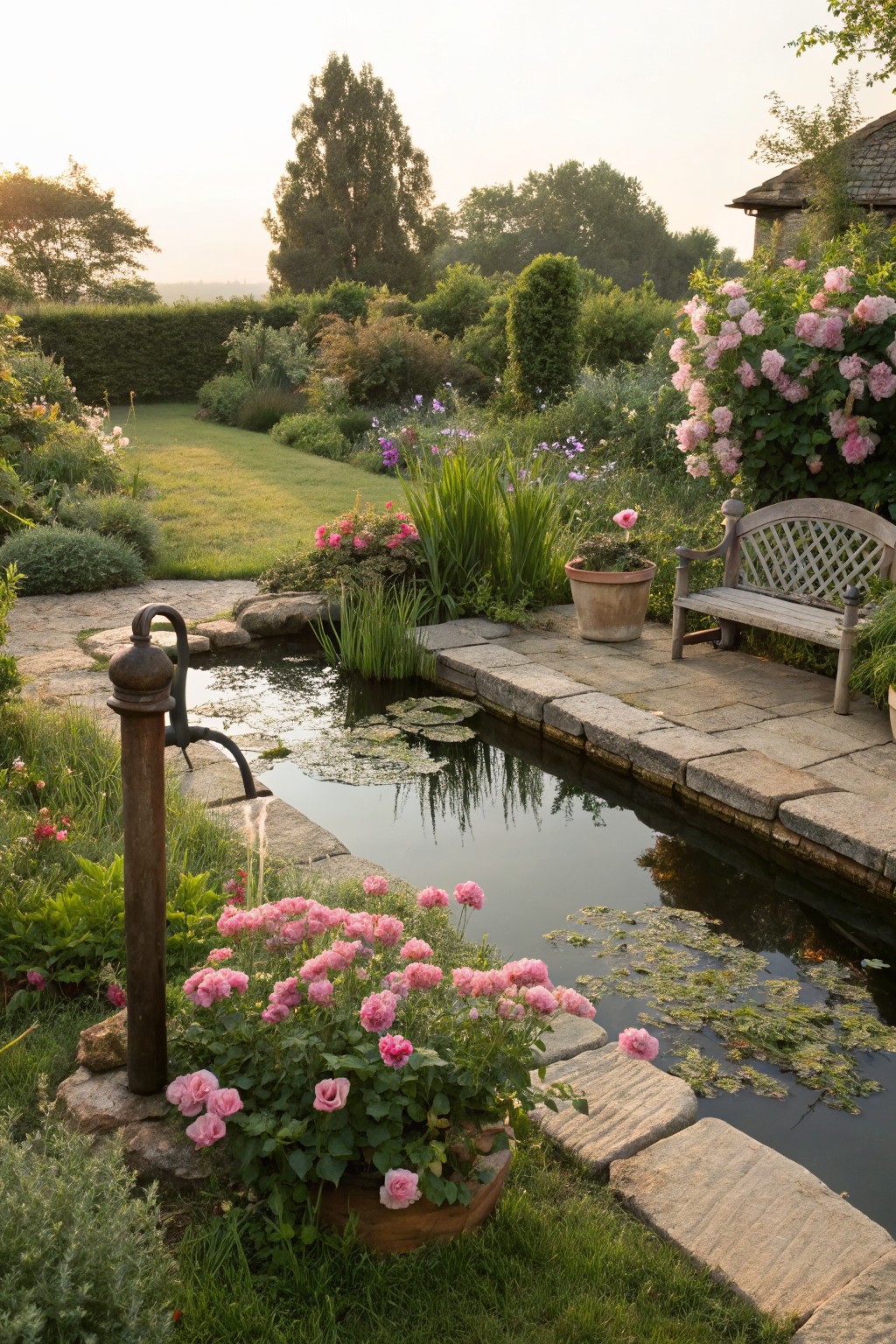 Rustic iron hand pump filling a small rectangular pond with lily pads, surrounded by clusters of pink roses in a stone-edged garden path with bench, lush plants, and trees in background.
