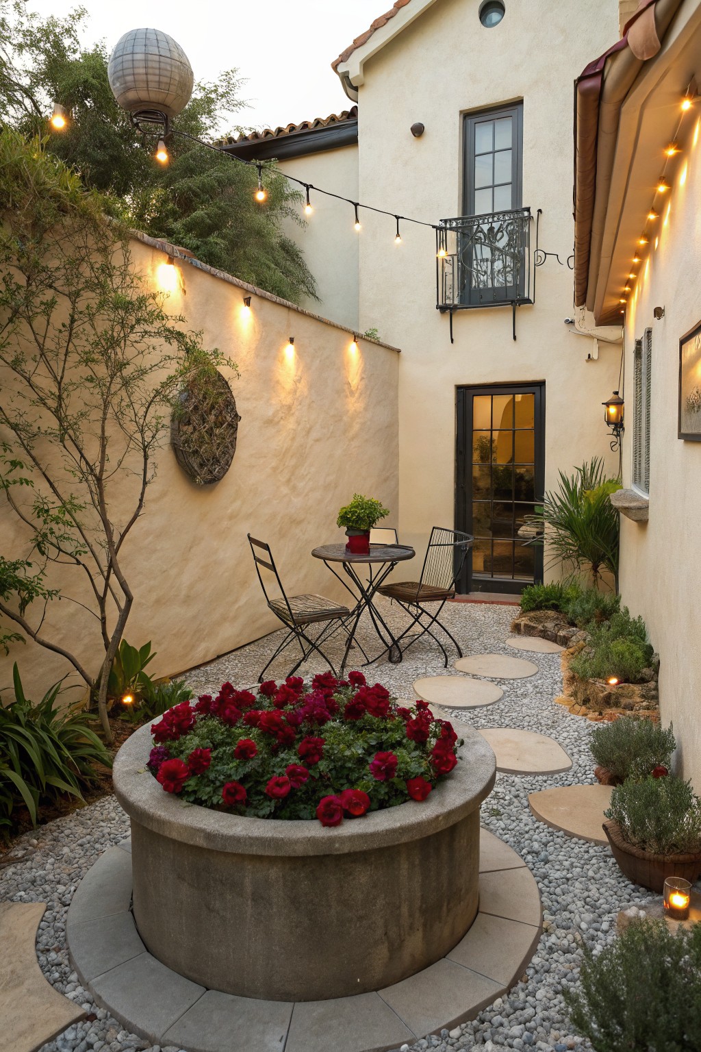 Small enclosed courtyard with beige stucco walls, central circular stone planter filled with red flowers, gravel paths with round stone stepping pads, black metal bistro table and chairs, potted plants, string lights overhead, and a large hanging orb light.