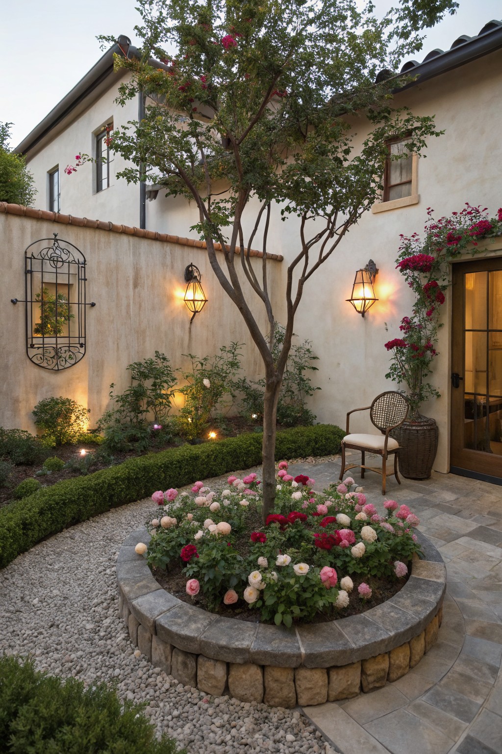 Small courtyard with stucco walls, a central circular stone flower bed of pink and white roses around a slender tree trunk, gravel path, boxwood hedges, climbing roses, wall lanterns, and a wicker chair near a glass door.