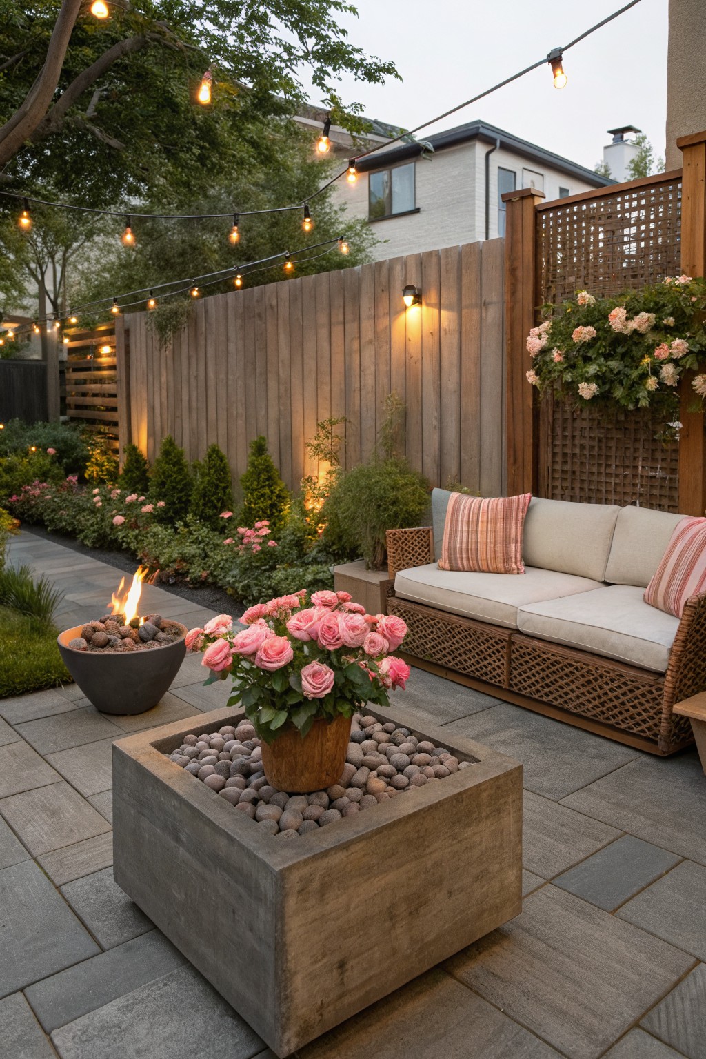 Paved backyard path edged with pink flowering plants and greenery beside a wooden fence with lattice screening, next to a patio featuring a beige sofa, black stone fire bowl, potted roses, a pebble-filled wooden planter, and overhead string lights at dusk.