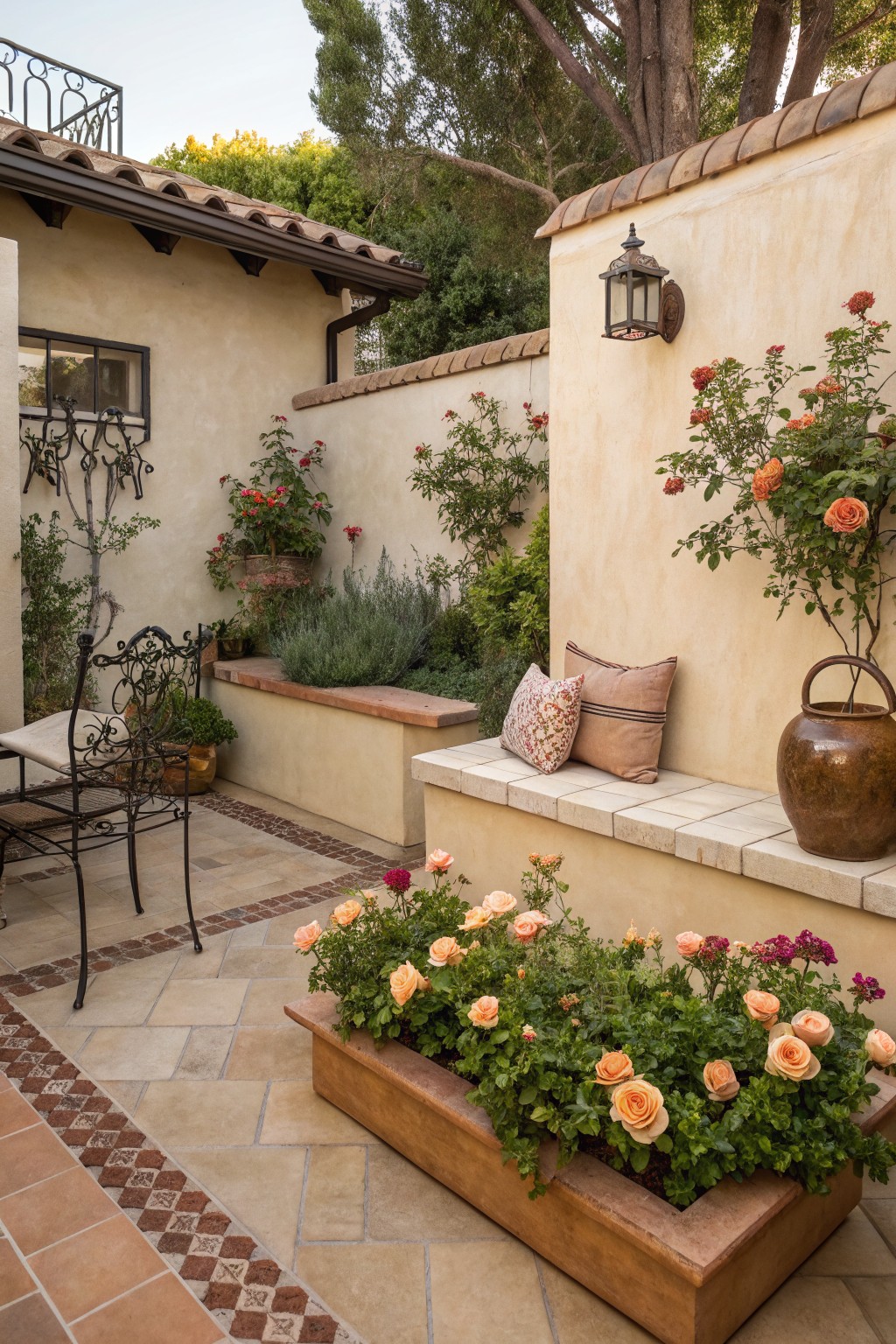 A small outdoor courtyard with beige stucco walls, terracotta tile flooring, a wooden trough planter overflowing with orange miniature roses, a cushioned bench, potted plants, and climbing roses on the walls.