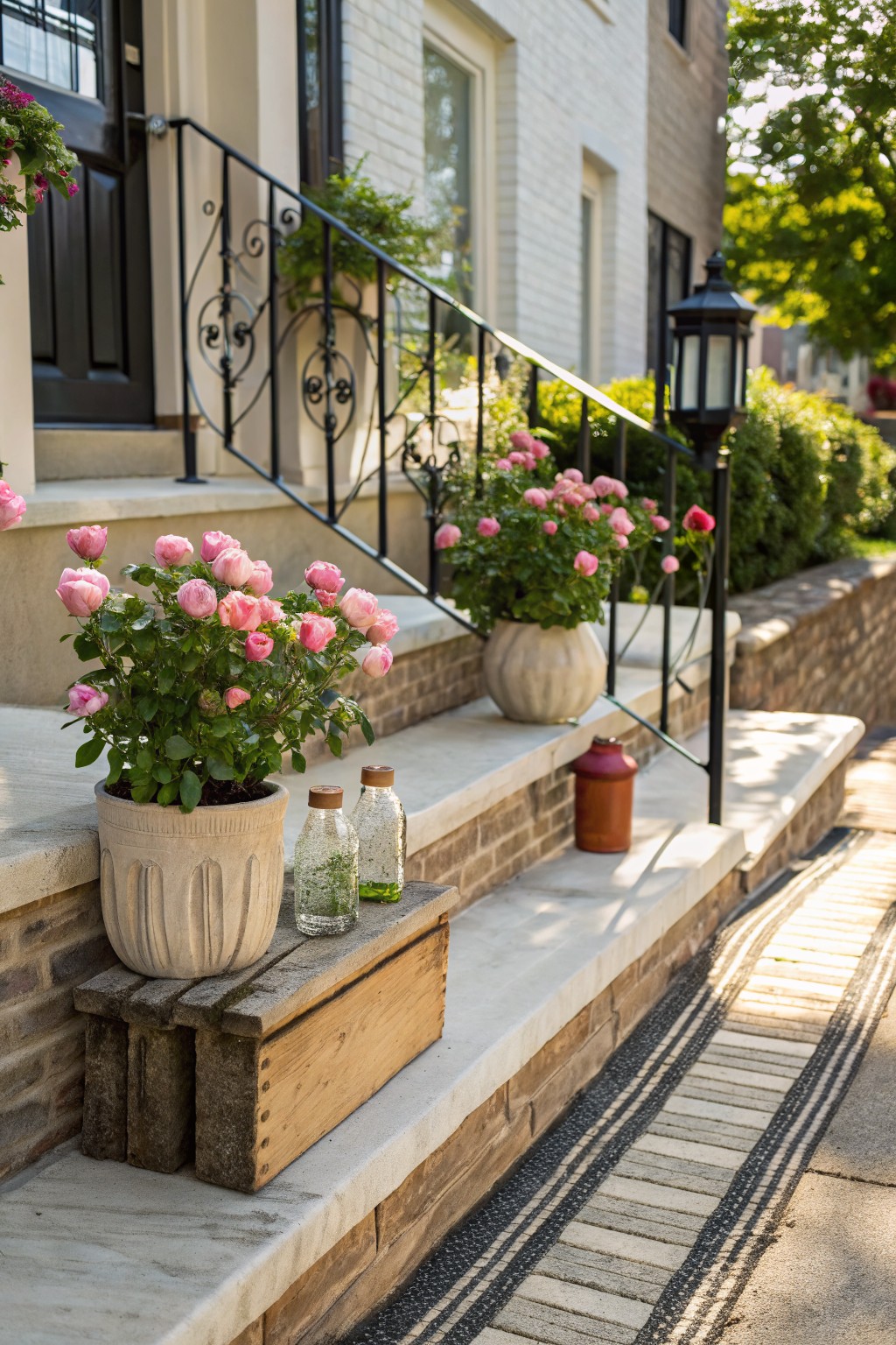 Front steps of a beige brick townhouse with multiple potted pink miniature roses, glass bottles with greenery, a red clay jug, and wooden crate on the lowest step, iron railing with more roses, and a lantern post nearby.