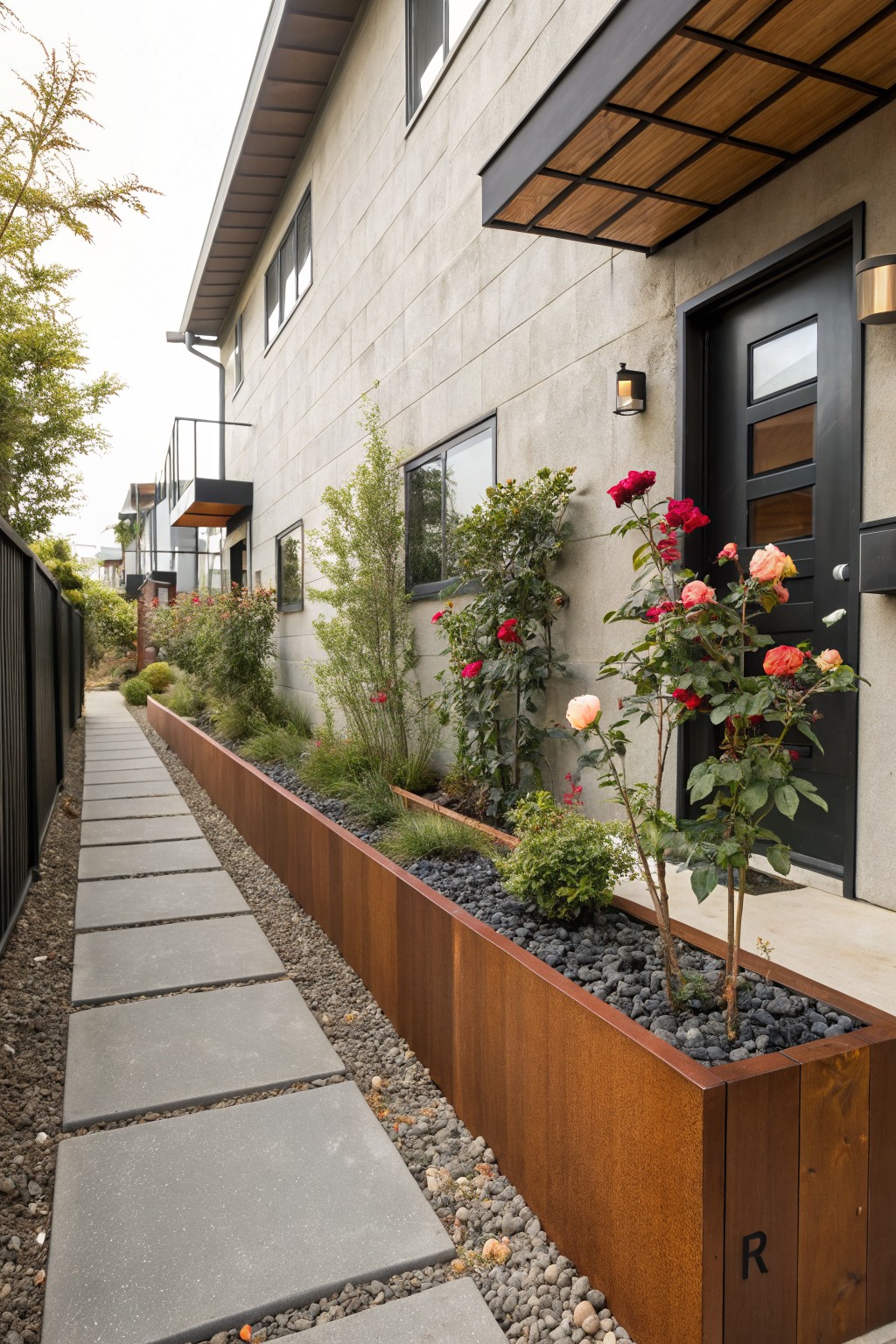 A narrow concrete paver path runs alongside a raised corten steel planter box filled with grasses, pebbles, and small shrubs, with rose bushes in red, pink, and peach climbing a stucco house wall toward a black front door.