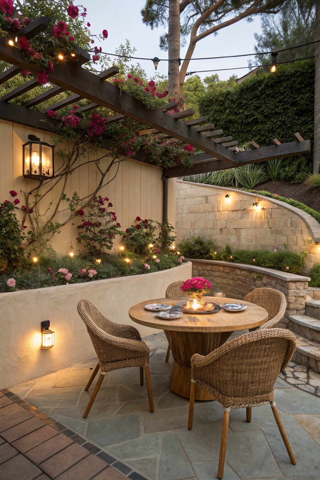 Wooden pergola covered in pink climbing roses over a round drum table with four wicker chairs on a stone patio, surrounded by gardens, stone walls, and string lights at dusk.