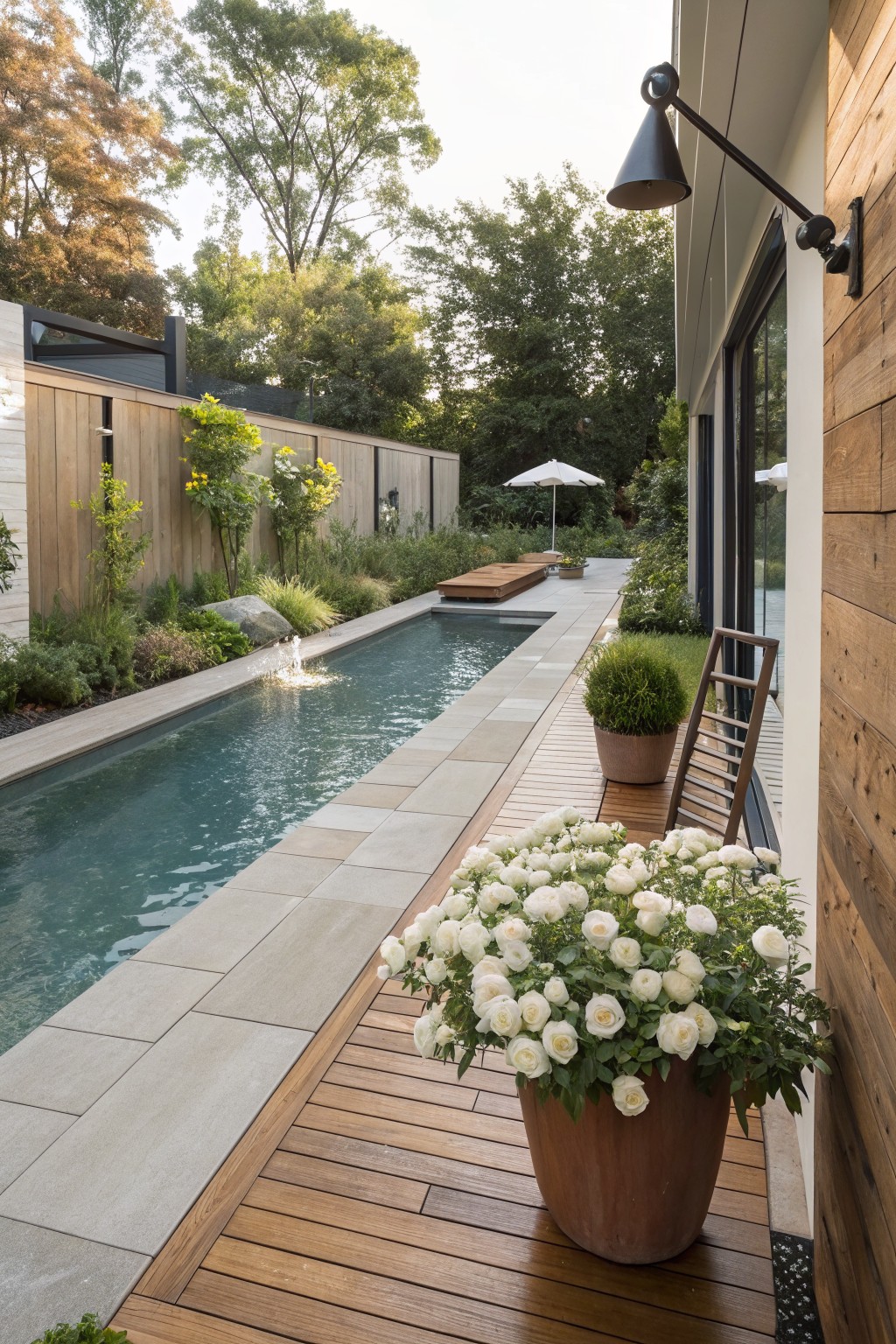 Narrow turquoise lap pool with fountain, gray stone edging, adjacent wooden deck with chairs, large terracotta pot of white roses, modern wood-clad house wall with black wall lamp, greenery and trees along fence.