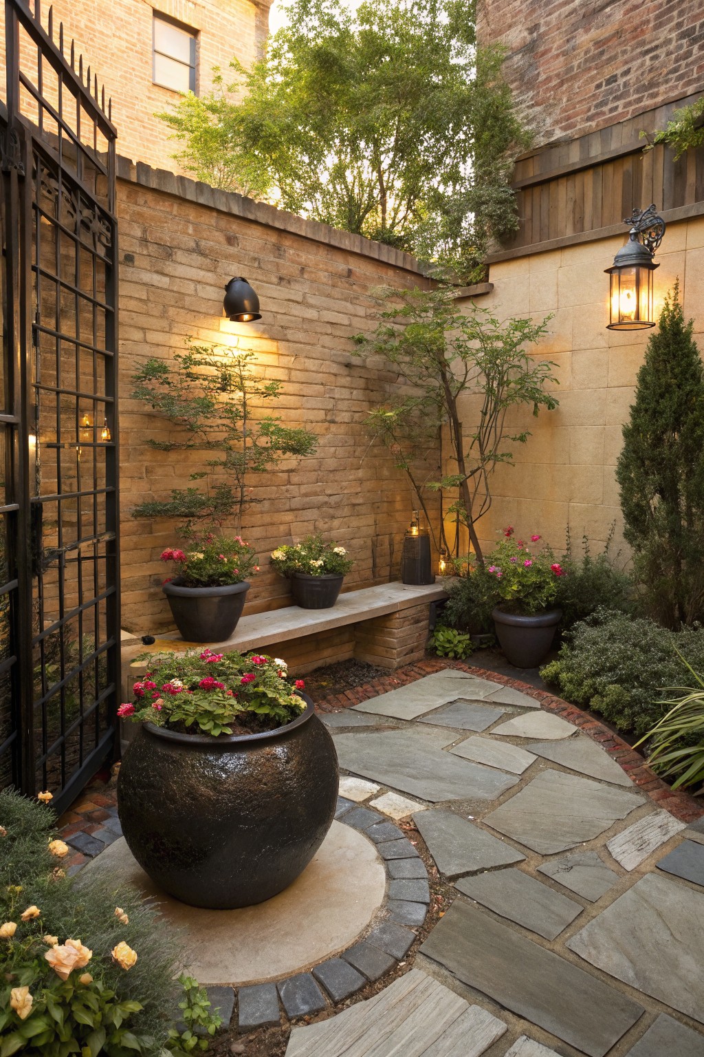 Potted Mini Roses Along a Curved Path
