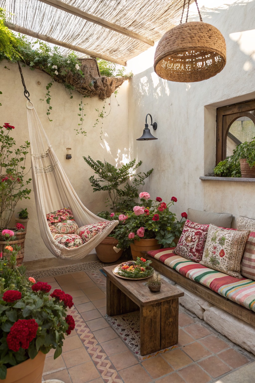 Walled courtyard patio with white hanging hammock, cushioned bench on built-in base, low wooden table, potted roses and plants, and reed ceiling overhead.