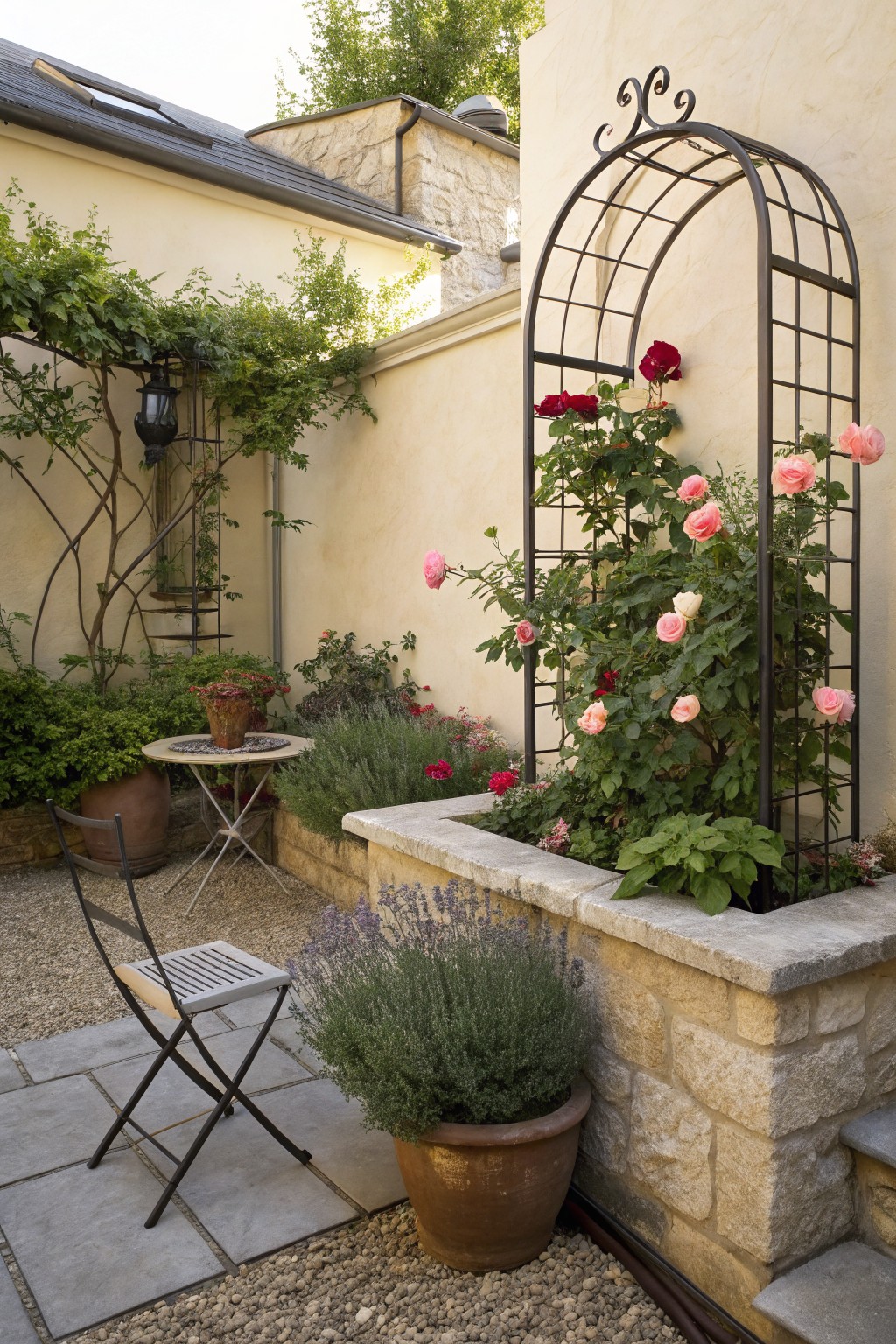 Small outdoor courtyard with black wrought iron arch trellis covered in pink and red roses against beige stucco wall, potted plants and lavender around a bistro table and chairs on stone tile patio with gravel paths.