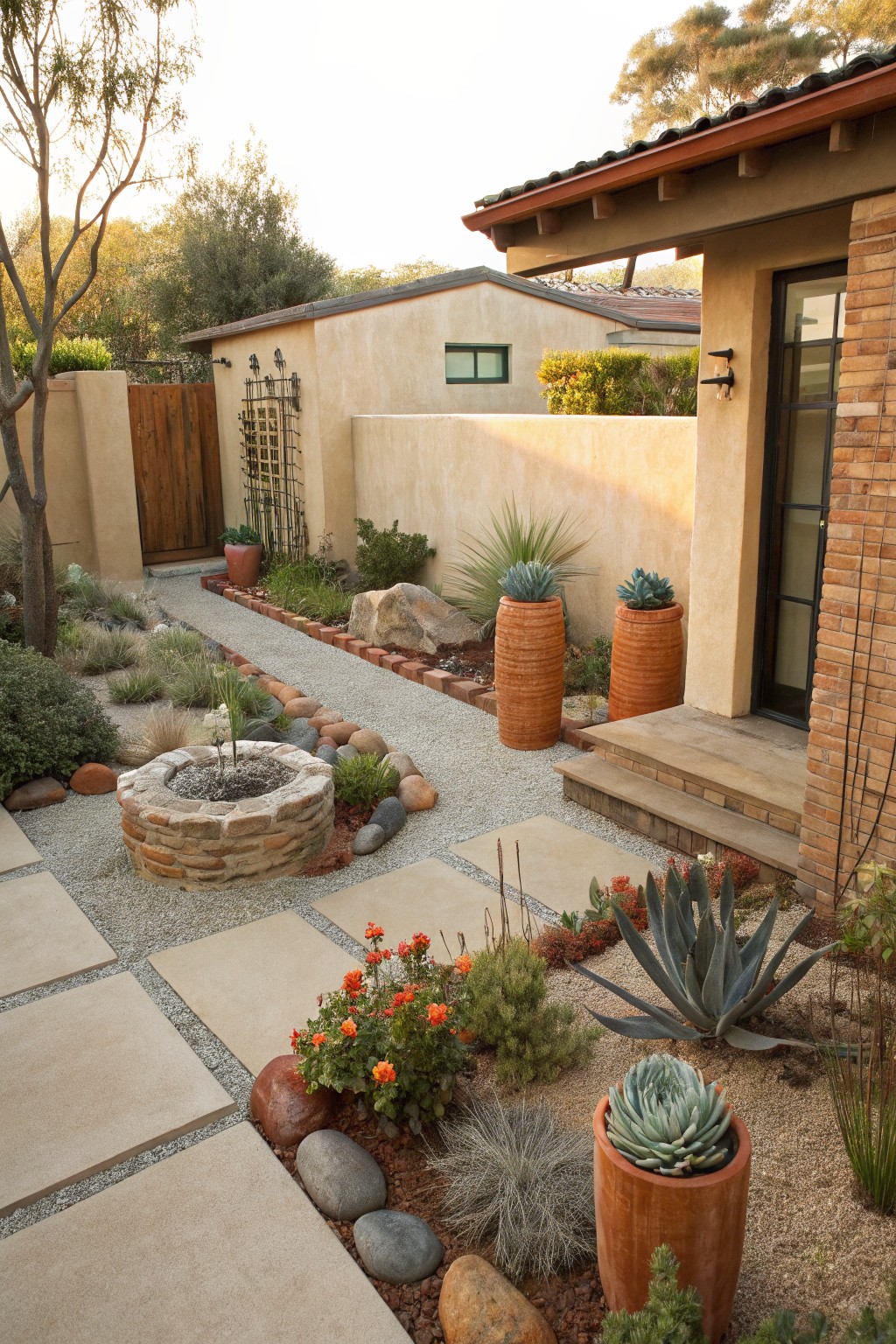Terracotta Pots Line a Gravel Path