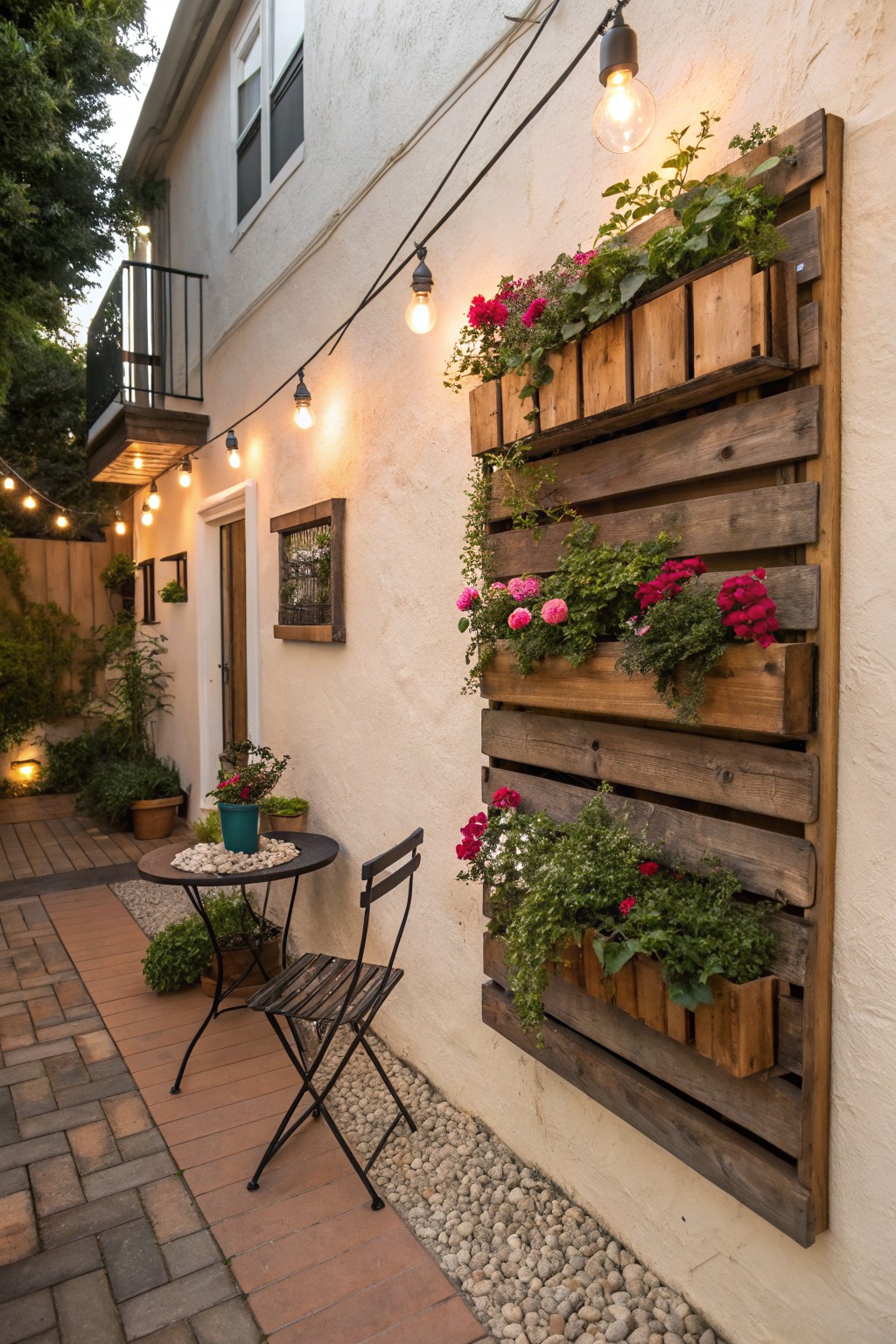 White stucco exterior wall with tall vertical planter made from wooden pallets filled with pink flowers and green plants, string lights strung overhead, small metal bistro table and chairs on brick pathway beside gravel bed.