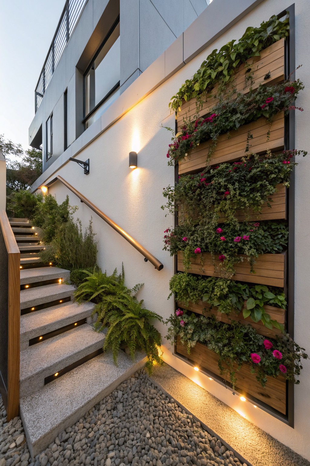 Tall vertical wooden planter wall filled with green plants, ferns, ivy, and pink flowering plants next to lit stone outdoor stairs on a house exterior with white walls and gravel path.