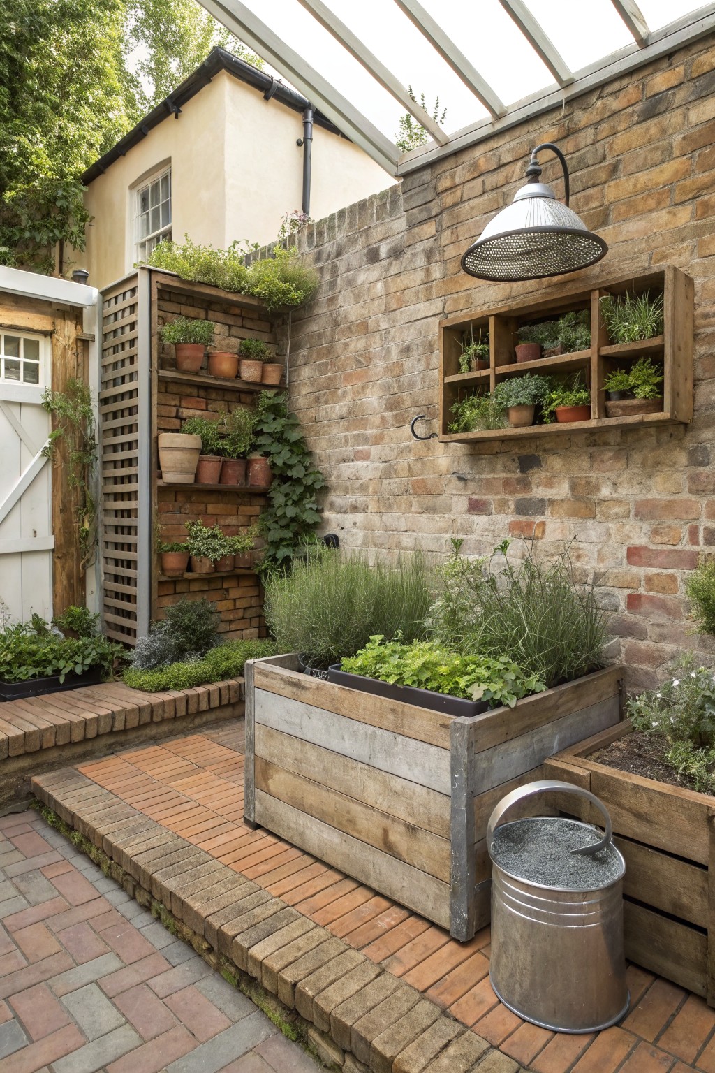 Brick-walled courtyard garden with wooden shelves and trellis holding potted plants, a raised wooden planter bed filled with greenery, brick paths, and a silver metal watering can on the ground.