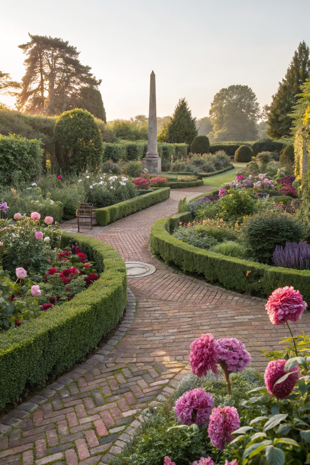A winding red brick path curves through a formal garden with manicured boxwood hedges enclosing flower beds of pink and red dahlias, a wooden chair nearby, tall obelisk in the background, and trees at golden hour.