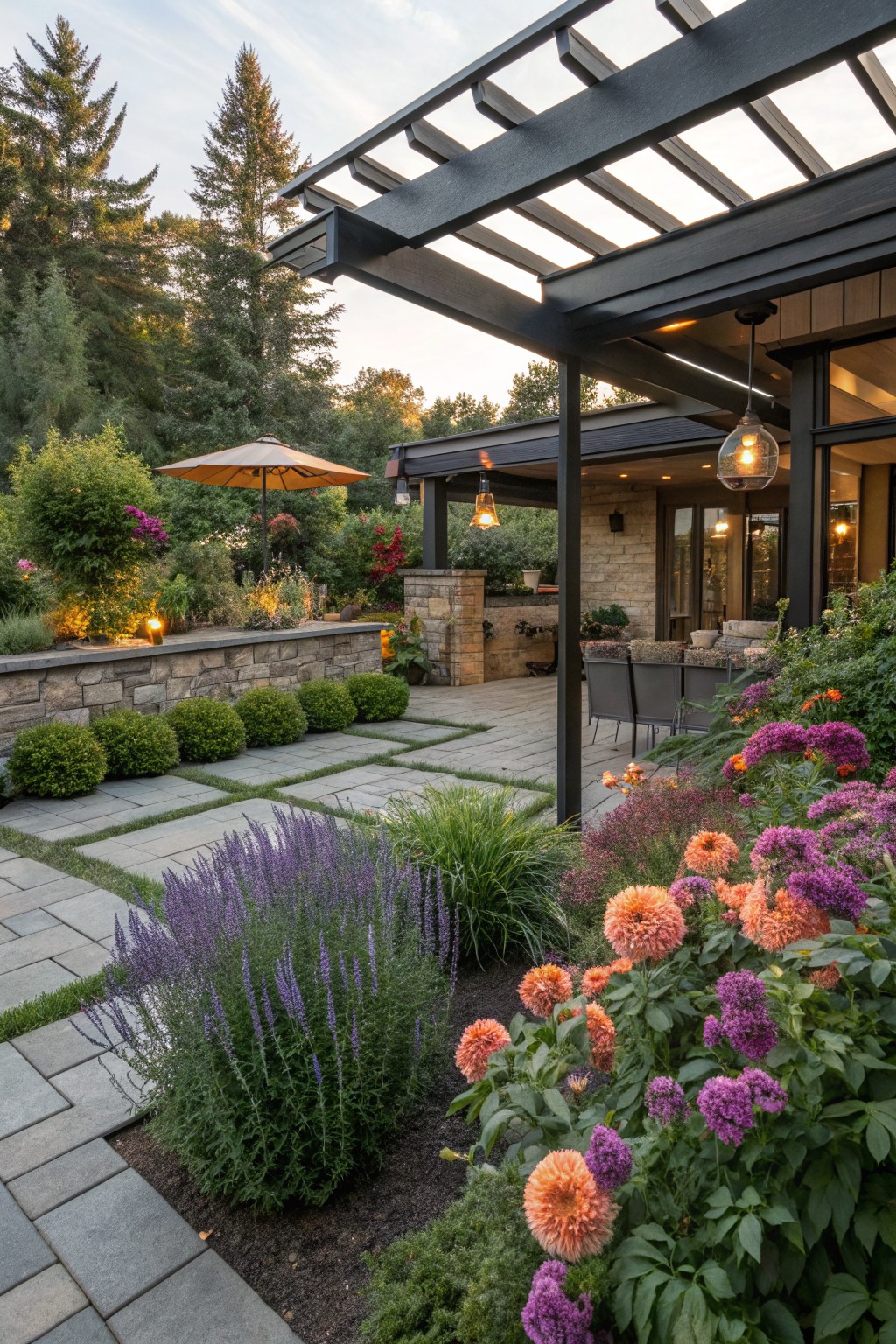 Stone paver patio bordered by beds of purple lavender and orange and pink dahlia flowers, under a black metal pergola extending from a house with stone walls, chairs nearby, and trees in the background.