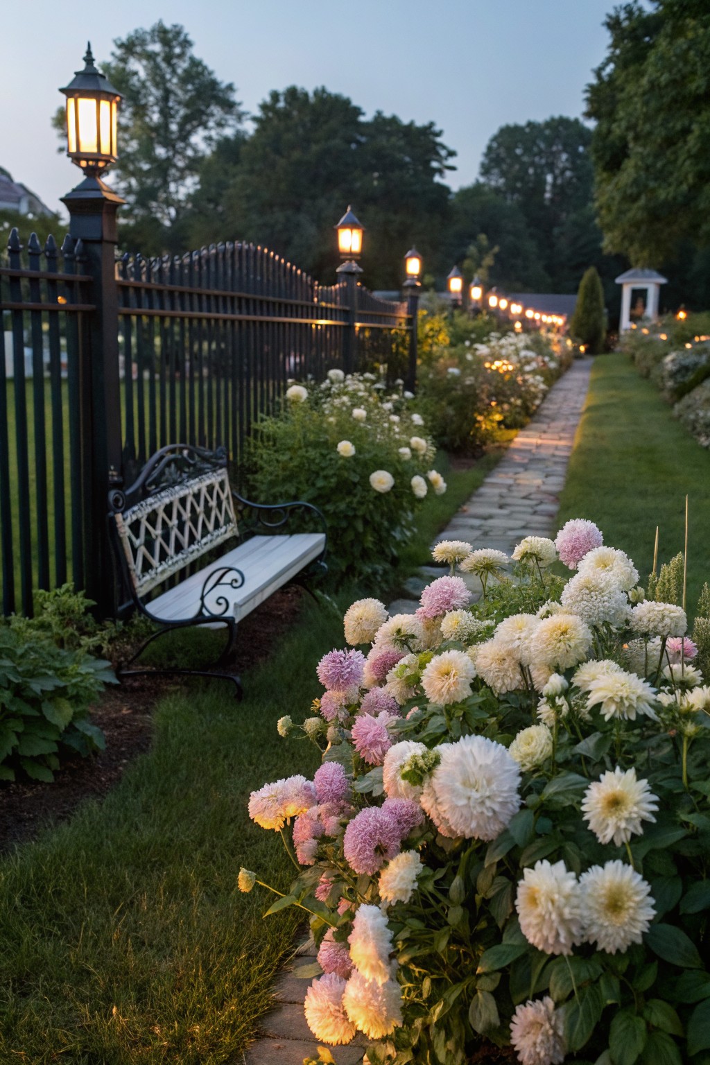 Stone garden path bordered by clusters of white and pink dahlias, wrought iron fence with lanterns, white bench nearby, twilight lighting.