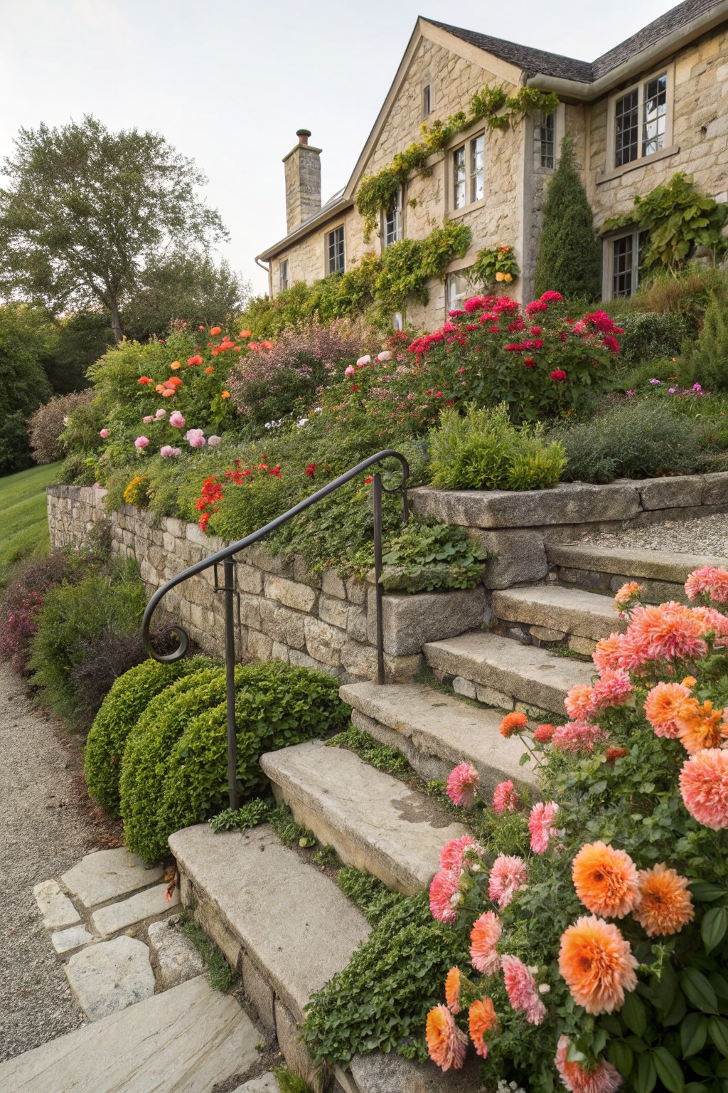 Stone house with terraced gardens overflowing with red, pink, and orange dahlias along retaining walls and steps with black iron railing, viewed from gravel path below.