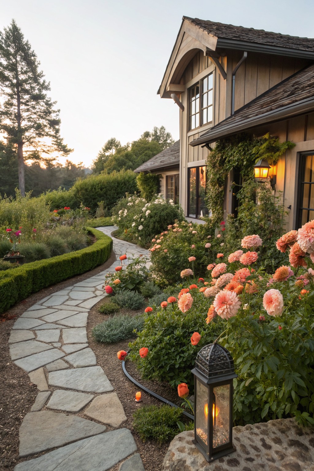 Curved flagstone path winding through dense beds of pink and orange dahlias beside a wooden house exterior, with boxwood hedges, a lantern, and trees in the background at dusk.