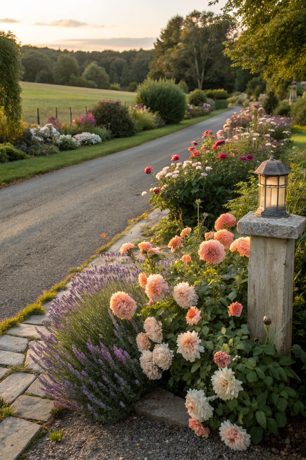Gravel driveway bordered by dense plantings of pink, peach, and white dahlias mixed with lavender and shrubs, featuring a stone post with a metal lantern, rural fields and trees in the background at sunset.