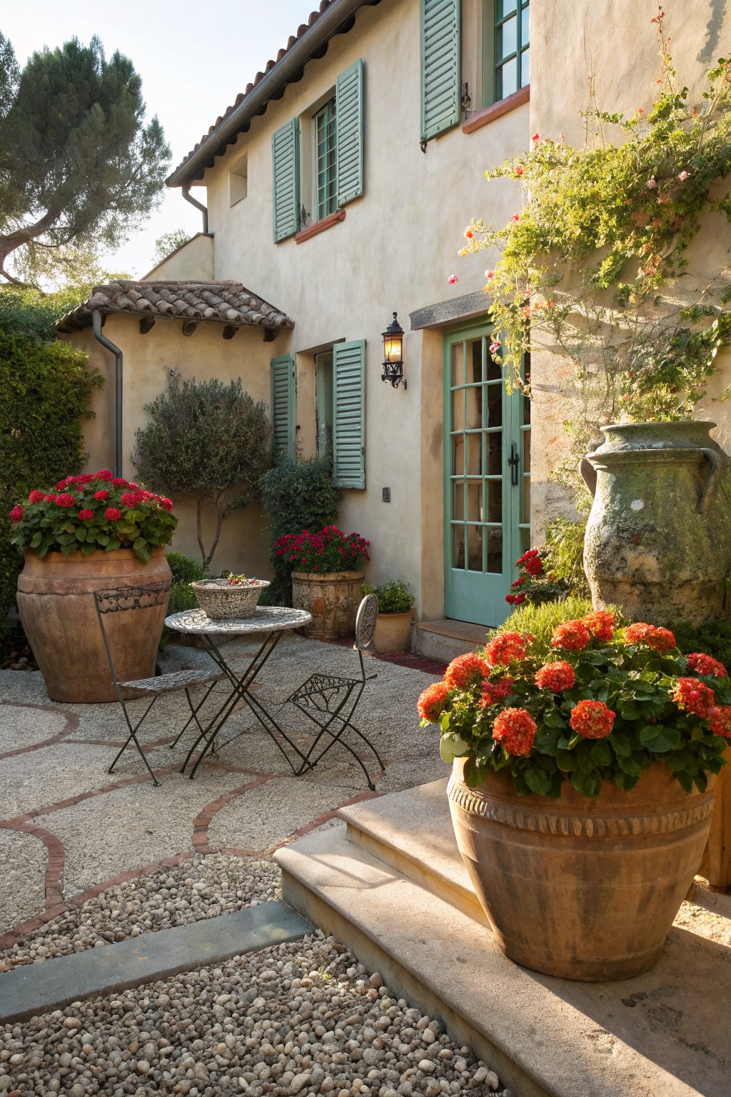 Stucco house exterior with green door and shutters opening to a gravel courtyard patio featuring a small metal table and chairs surrounded by large terracotta pots filled with red blooming flowers, stone steps, and climbing vines.
