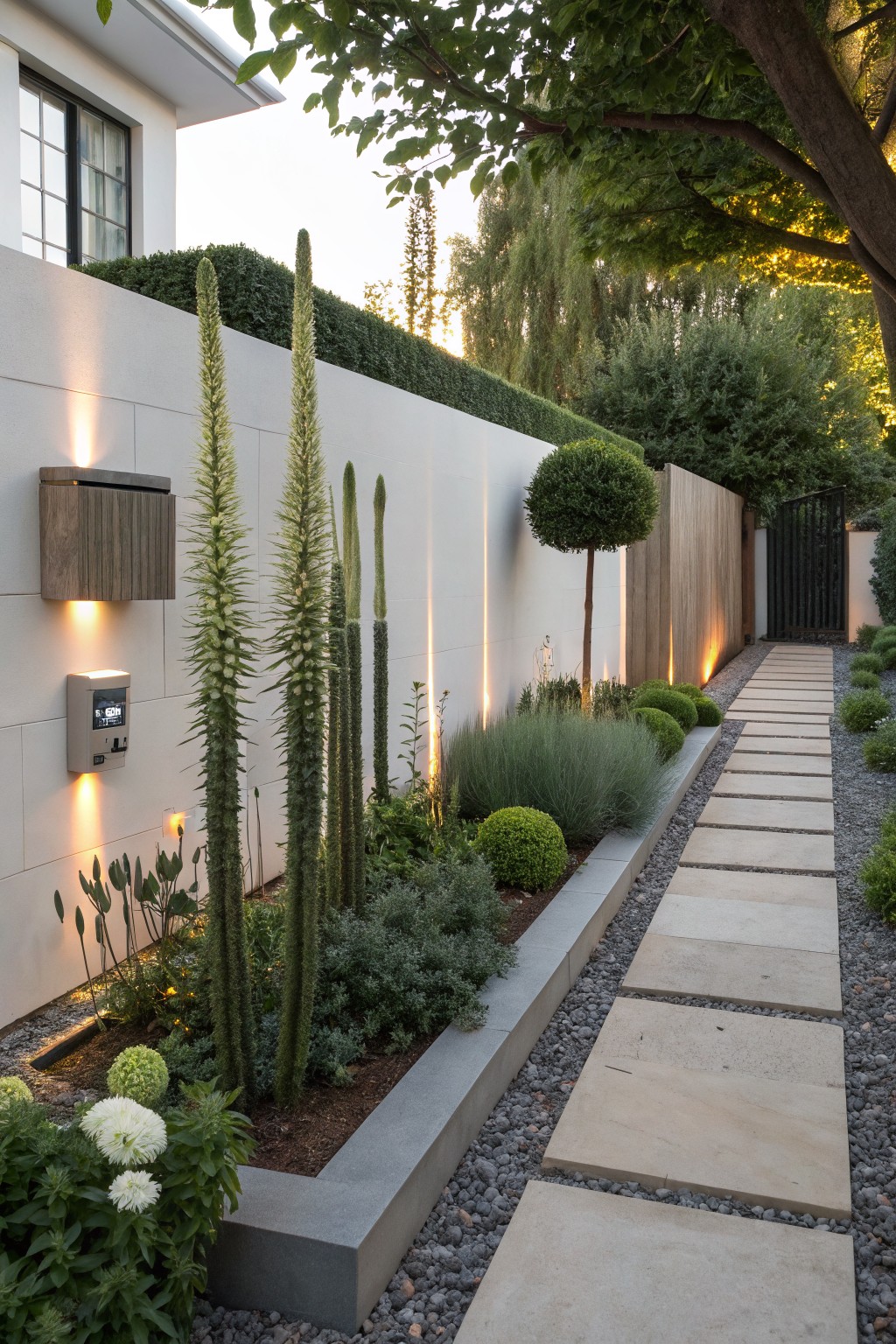 Narrow stone-paved pathway with gravel edges bordered by a raised concrete bed containing white dahlias, tall spiky green succulents, ornamental grasses, and boxwoods, next to a tall white stucco wall with wall-mounted lights and a distant wooden gate.