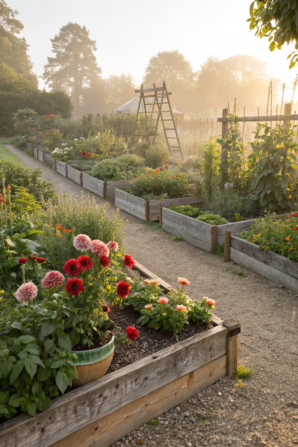Wooden raised garden beds filled with dahlias, vegetables, and other plants line a gravel path in a garden at dawn with trees and a trellis in the background.