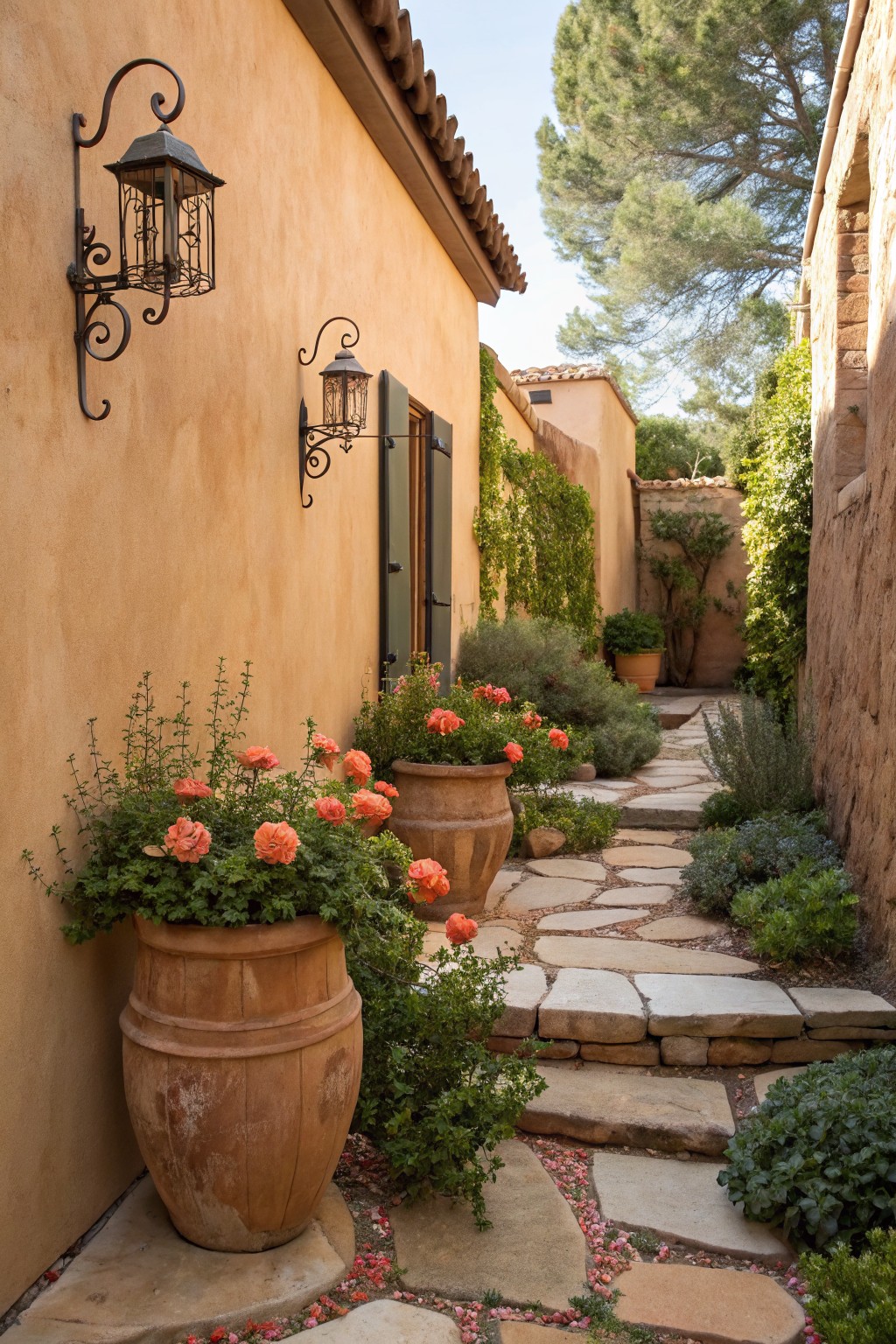 Narrow garden pathway of irregular stone steps between beige stucco walls, flanked by large terracotta pots filled with orange geraniums, iron lanterns mounted on walls, and assorted low greenery.