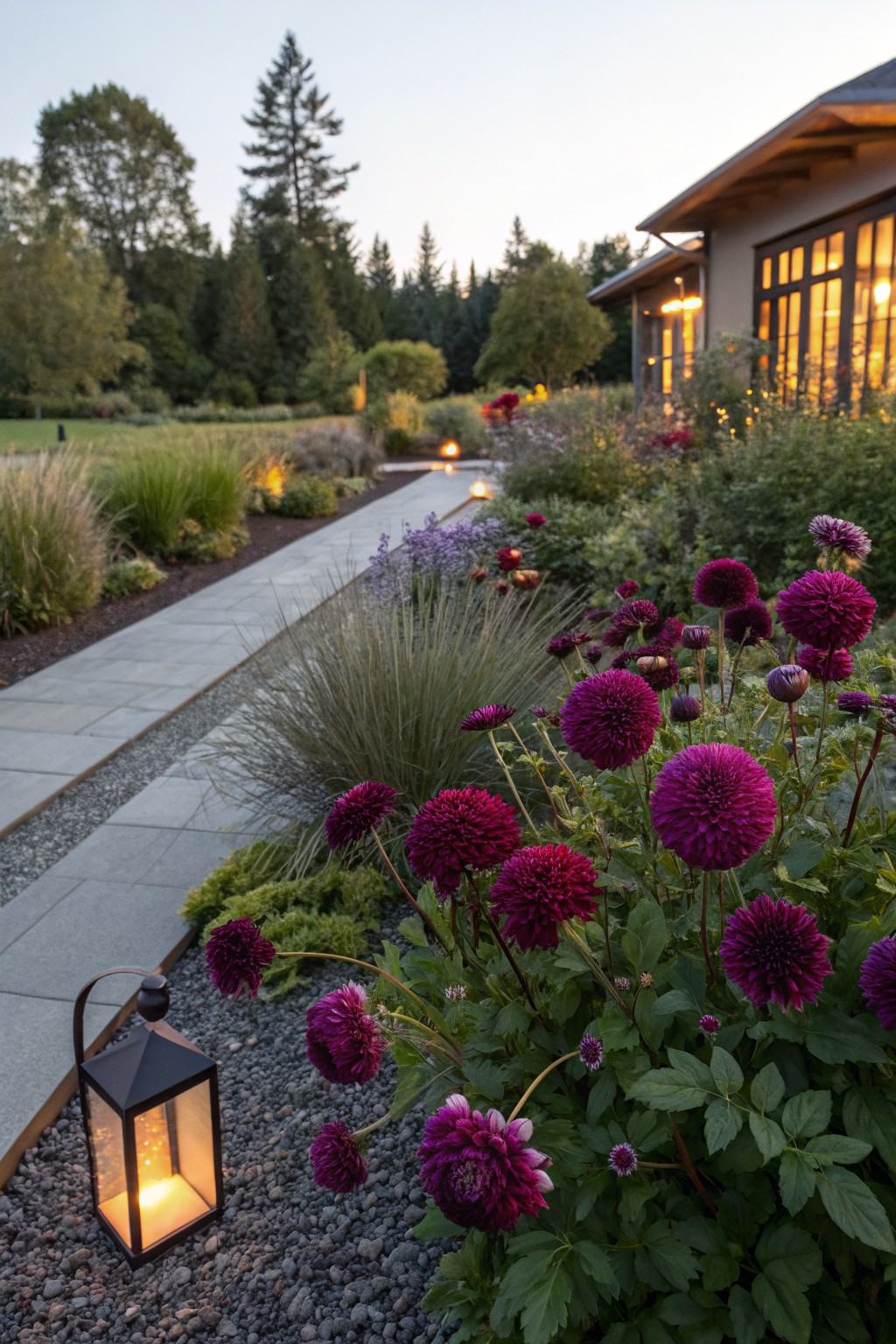 Stone pathway edged with dark purple dahlia flowers, ornamental grasses, gravel mulch, and a lit lantern, beside a modern house and trees at dusk.