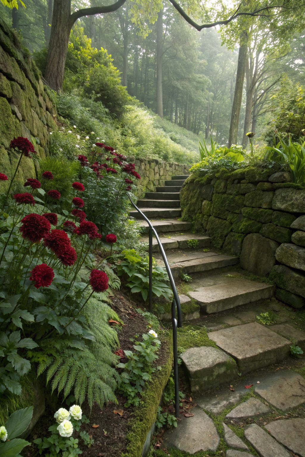 Moss-covered stone staircase bordered by clusters of red pom-pom dahlias, ferns, hostas, and green foliage ascending through a misty woodland garden.