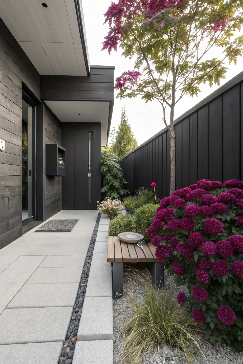 Modern black wood-clad house exterior with concrete entry path edged in pebbles and gravel, flanked by massed purple pompom dahlias, a wooden bench, stone bowls, grasses, and a tall black fence.