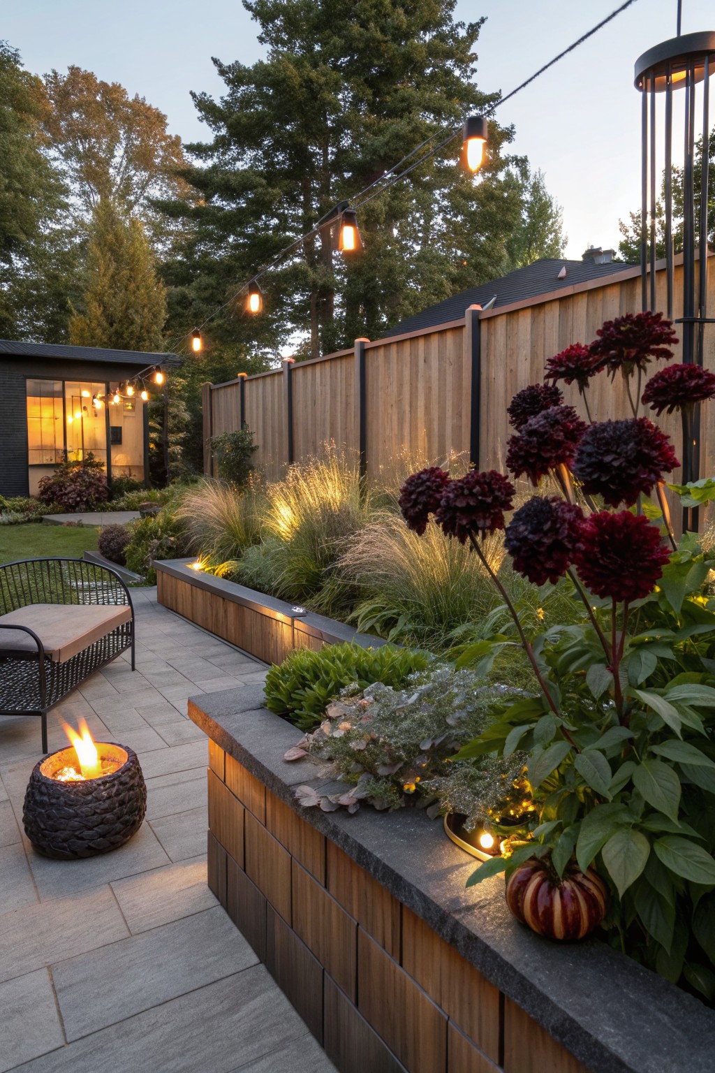 Garden path with raised beds planted in dark dahlias and ornamental grasses, stone fire pit and wicker chair nearby, string lights and tall lamps overhead, wooden fence and small black building in background.